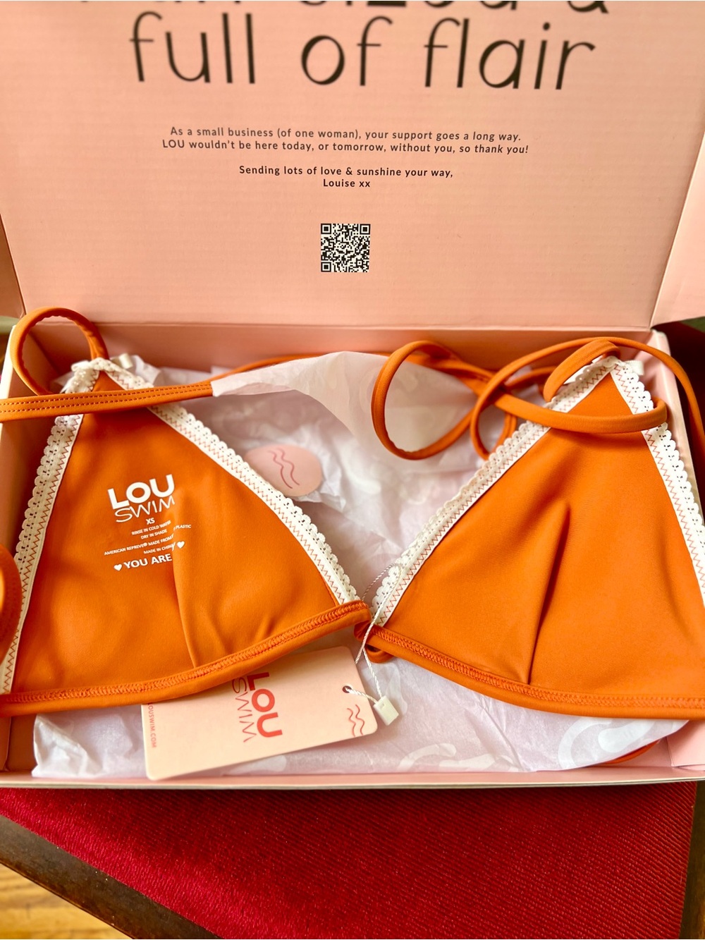 Lou Swim Orange Triangle Bikini Top with White Trim and Bow Accents - Picture 3 of 7